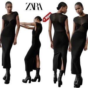 Zara black mesh tulle short sleeveless round neck midi bodycon dress sheer NWT